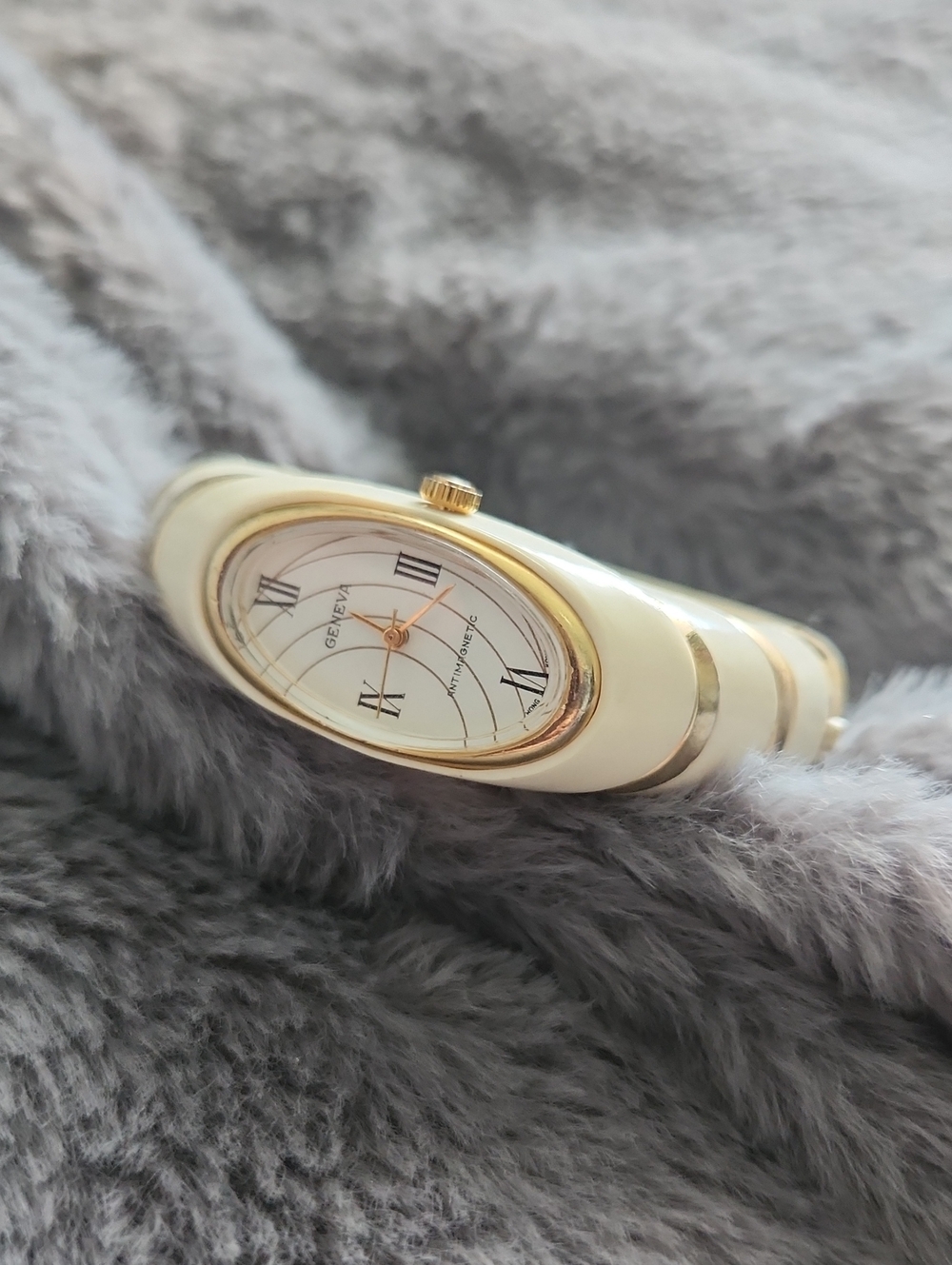 Geneva Cream and Gold Oval Bangle Watch